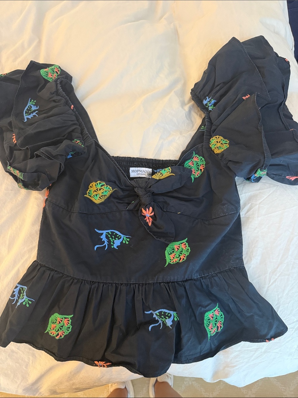 Black Embroidered Puff-Sleeve Dance Top